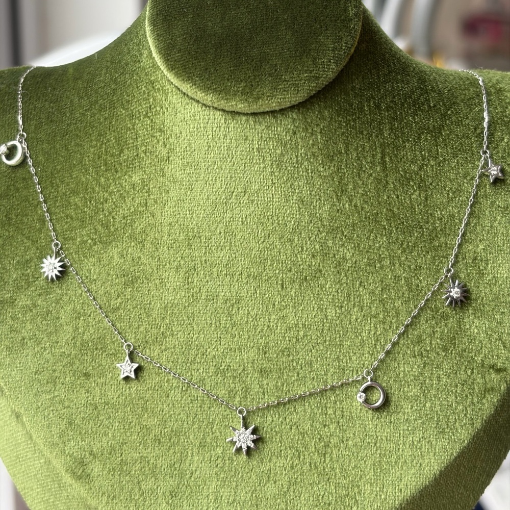K18 White Gold Celestial Sun Moon Star Natural Diamond Necklace